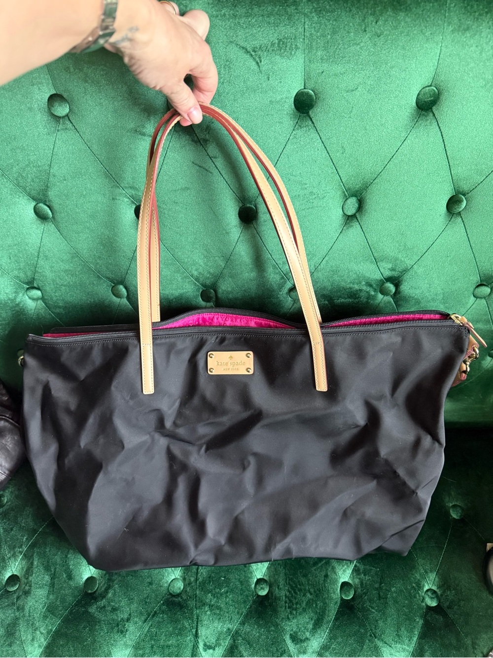Kate Spade Large Nylon Tote Weekender Travel Bag Black Pink Lining Crossbody
